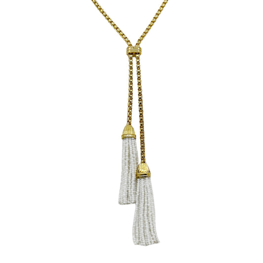 J.Crew Gold tone white bead Tassel lariat necklace