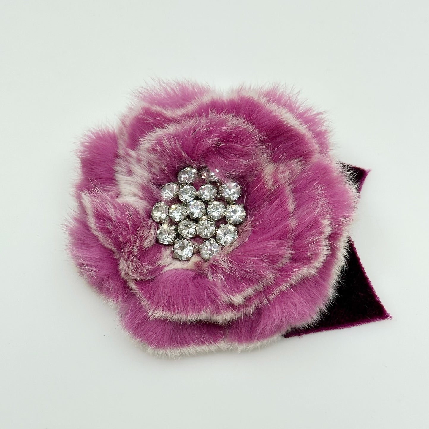 Hand Made fur & rhinestone flower brooch