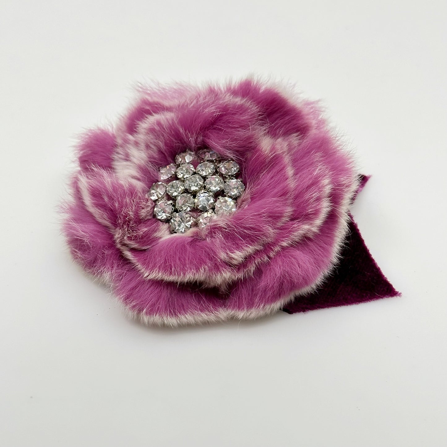 Hand Made fur & rhinestone flower brooch