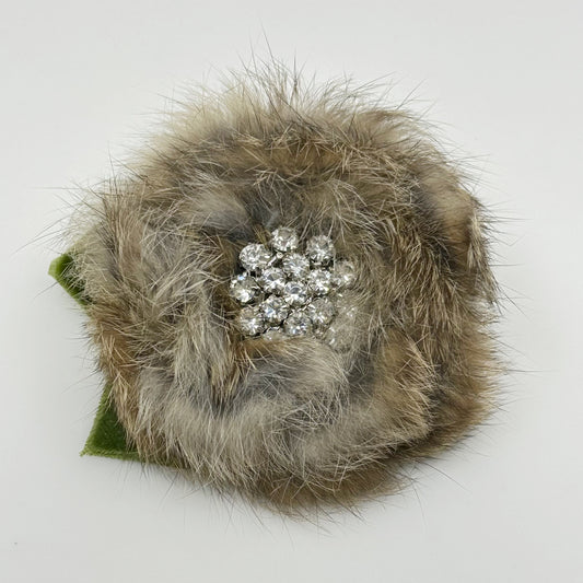 Hand Made fur & rhinestone flower brooch