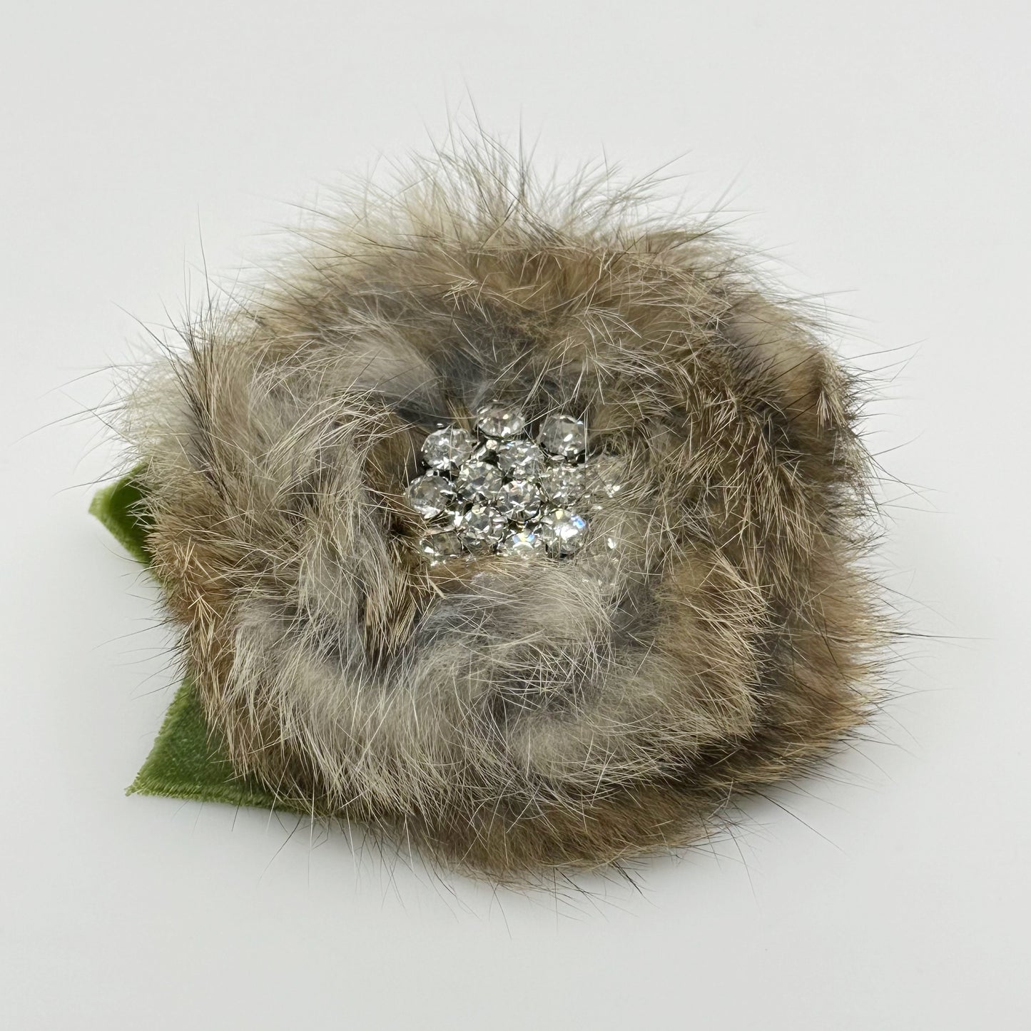 Hand Made fur & rhinestone flower brooch