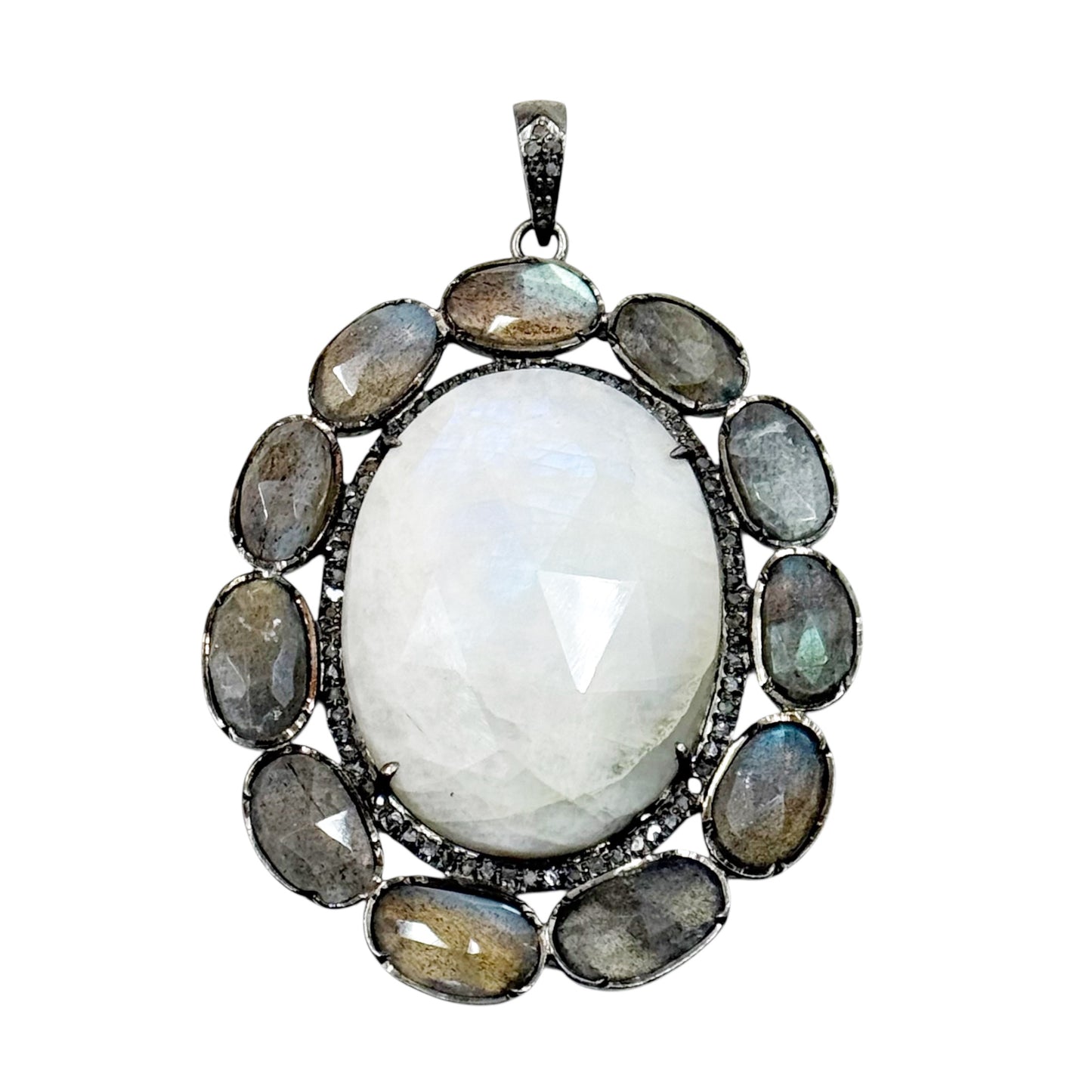 sterling silver moonstone labradorite diamond pendant - GM173