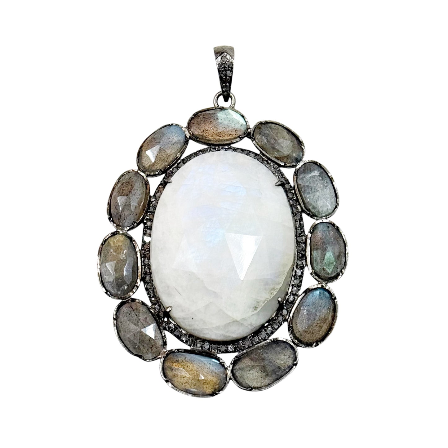 sterling silver moonstone labradorite diamond pendant - GM173