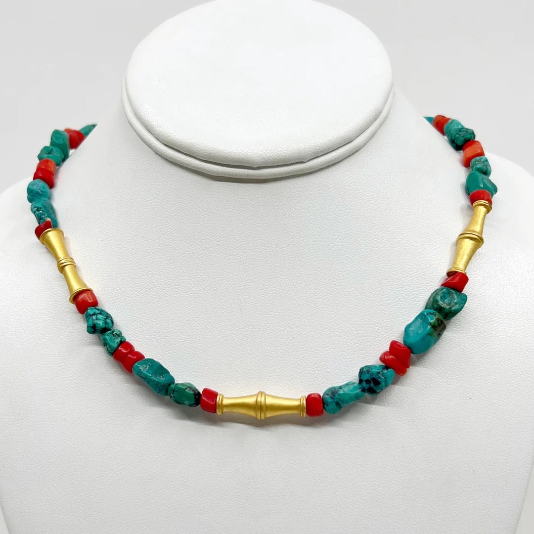 turquoise & coral beads gold tone necklace