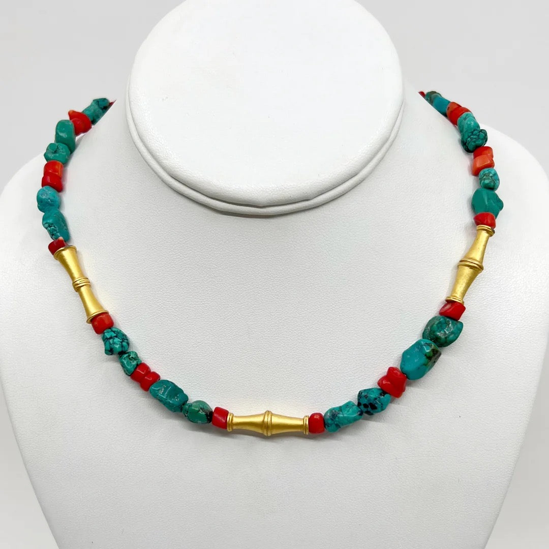 turquoise & coral beads gold tone necklace