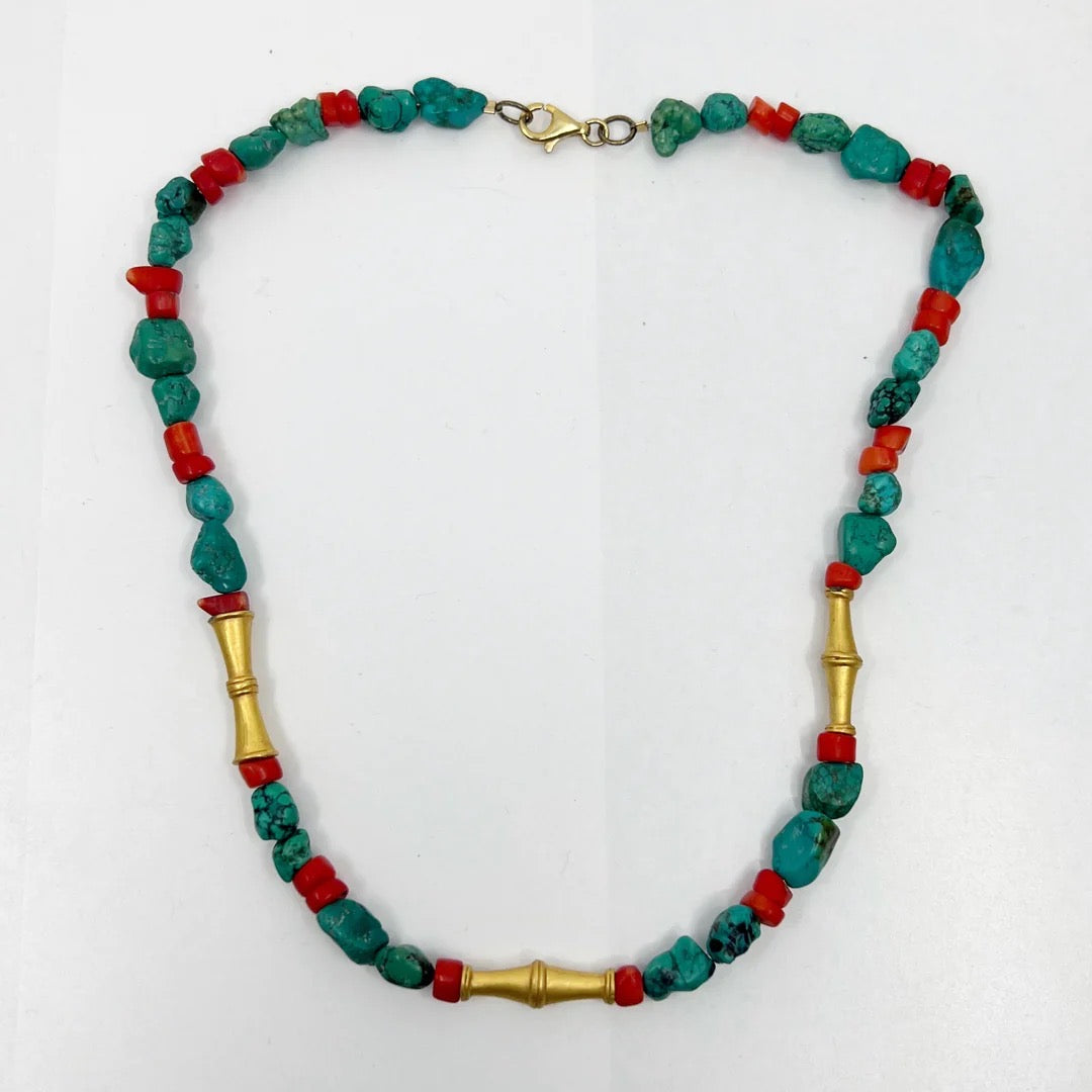 turquoise & coral beads gold tone necklace