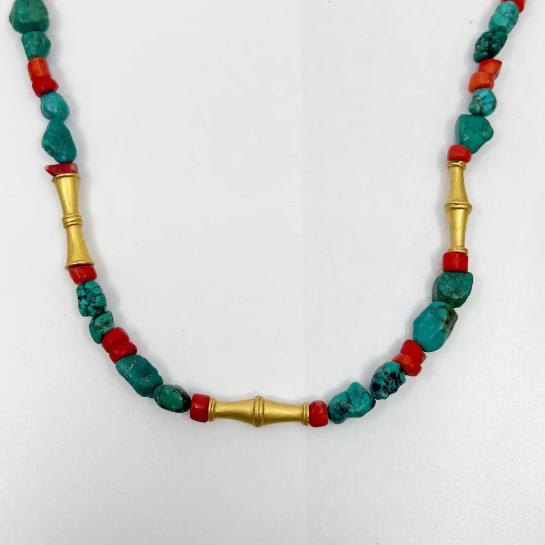 turquoise & coral beads gold tone necklace