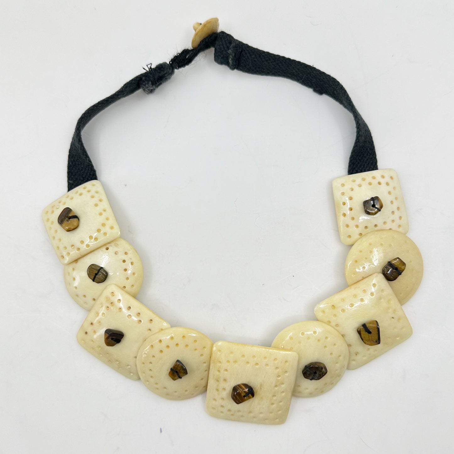 Vintage carved bone & tiger's eye bead necklace