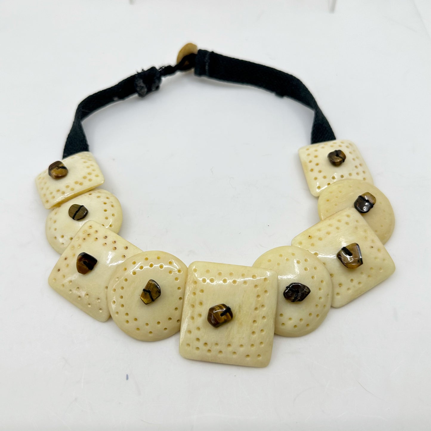 Vintage carved bone & tiger's eye bead necklace