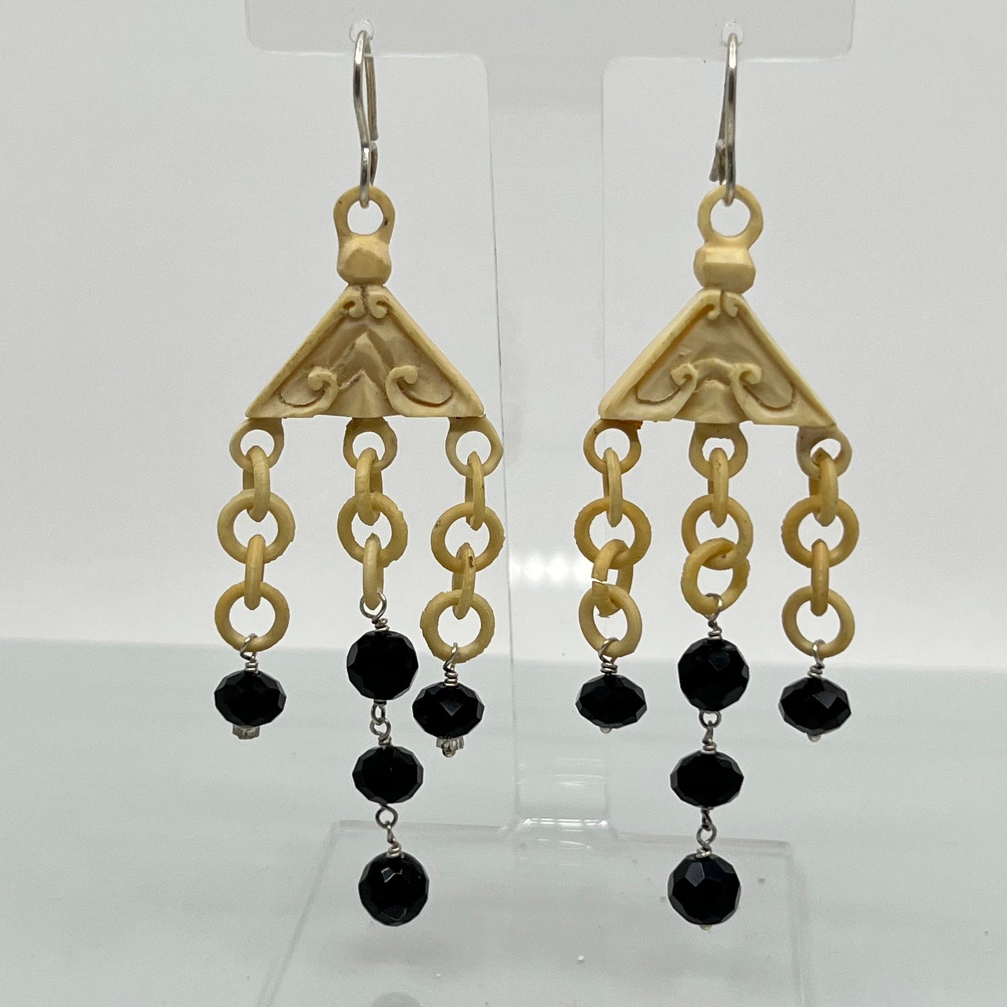 Vintage Chinese Sterling silver bone & onyx chandelier earrings GM180