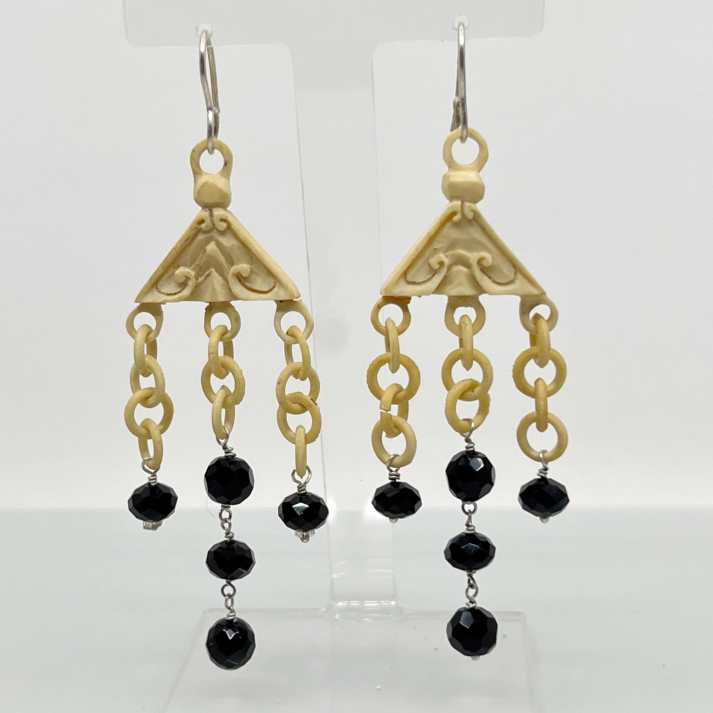 Vintage Chinese Sterling silver bone & onyx chandelier earrings GM180