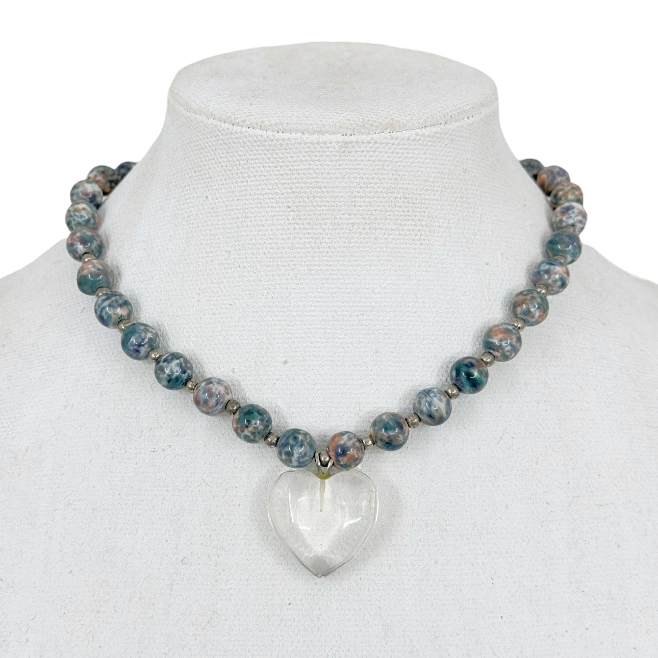 Vintage pottery bead & heart rock crystal pendant necklace