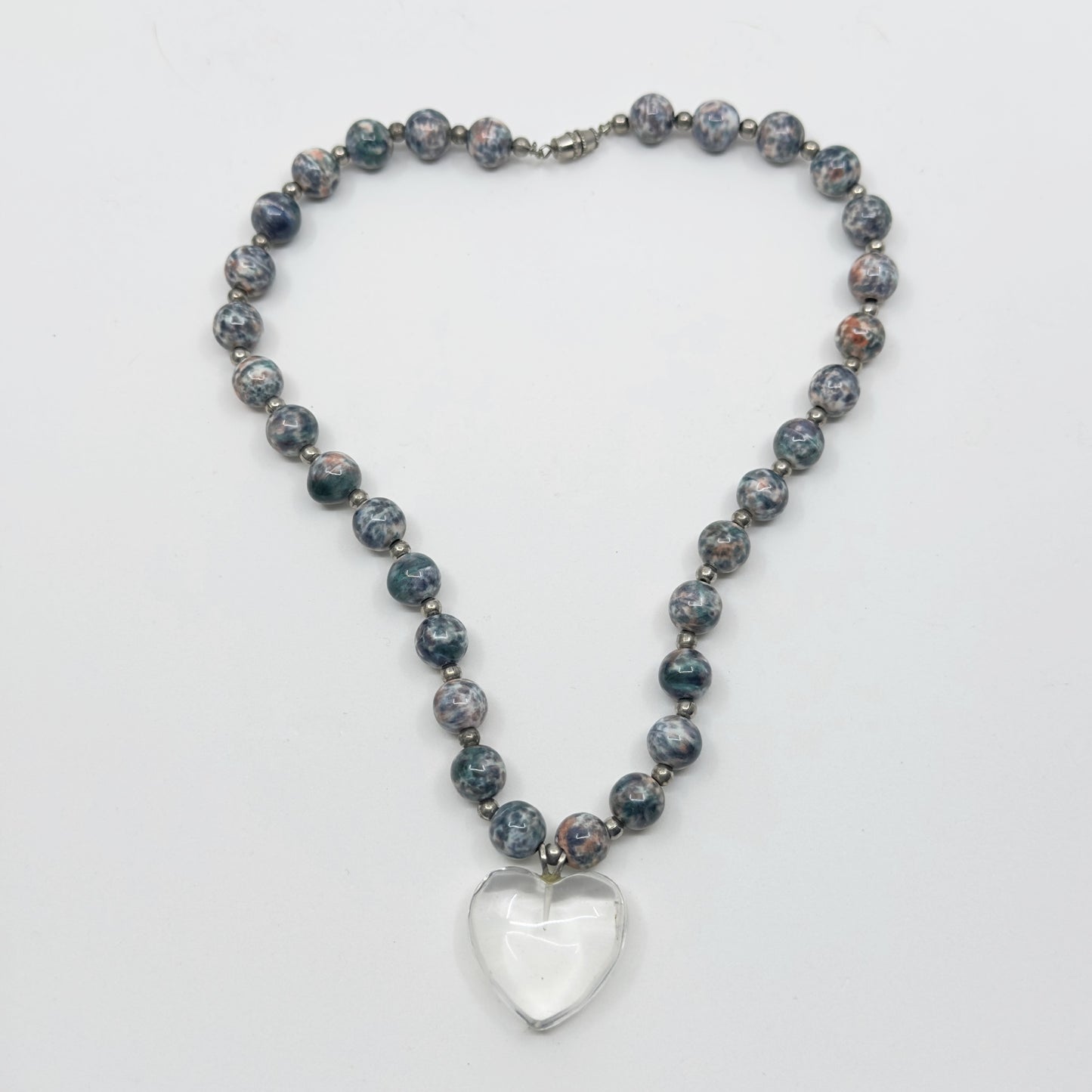 Vintage pottery bead & heart rock crystal pendant necklace