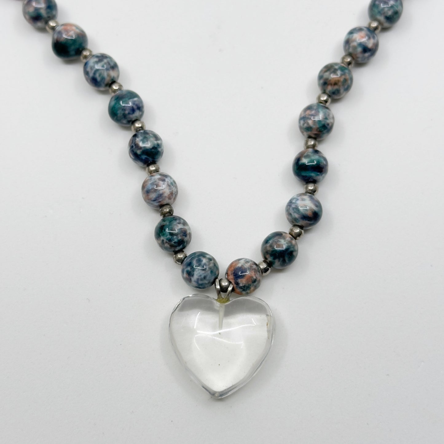 Vintage pottery bead & heart rock crystal pendant necklace