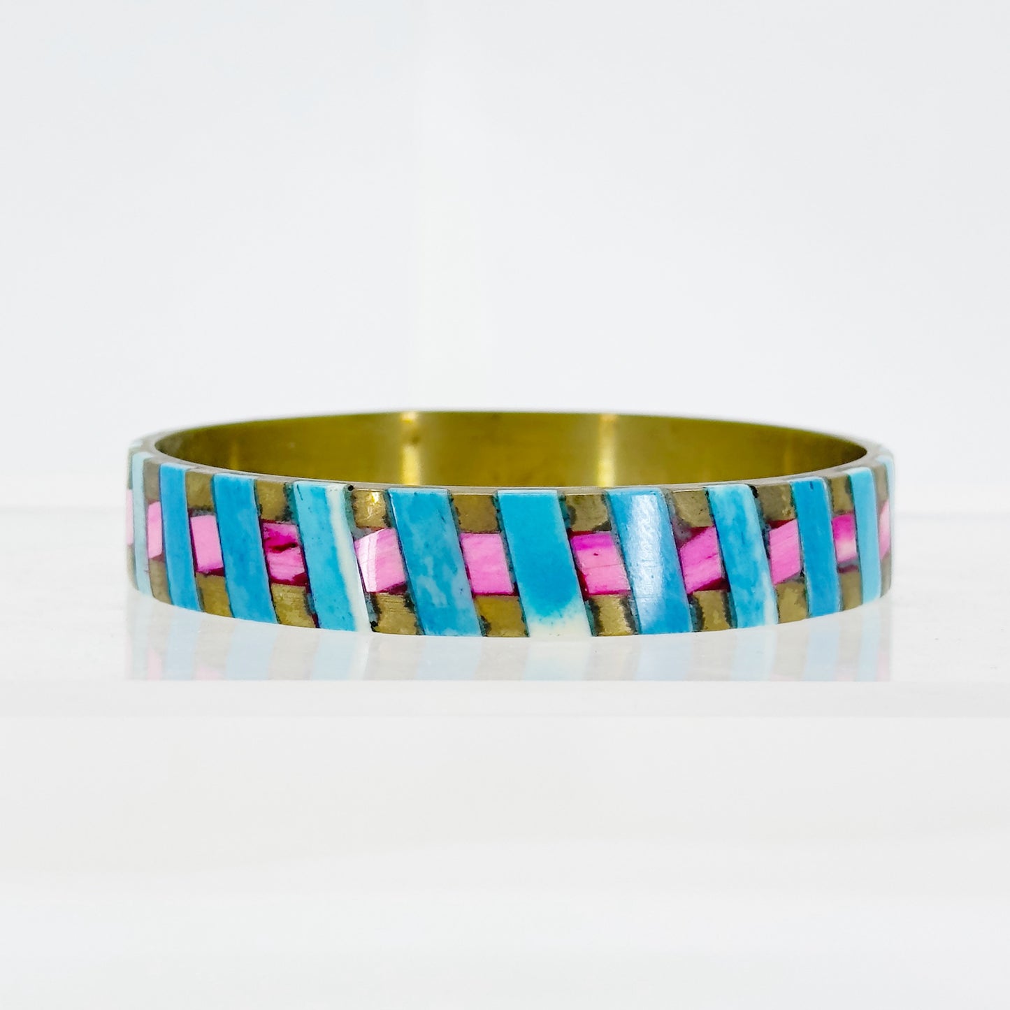 Vintage Brass bone inlay bangle bracelet