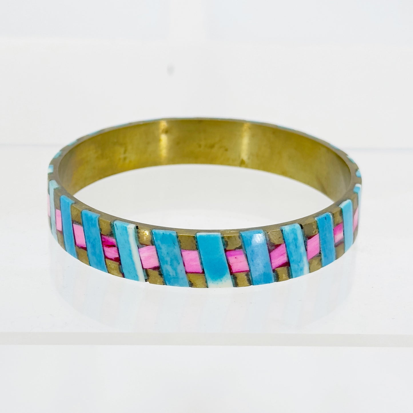 Vintage Brass bone inlay bangle bracelet