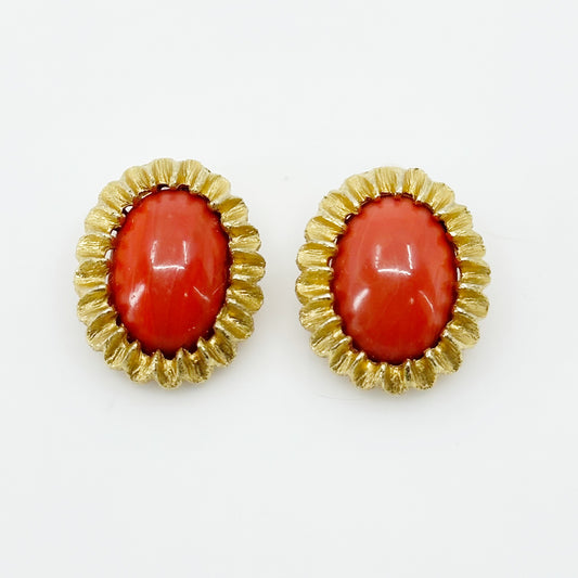 Vintage Gold tone glass coral cabochon earrings