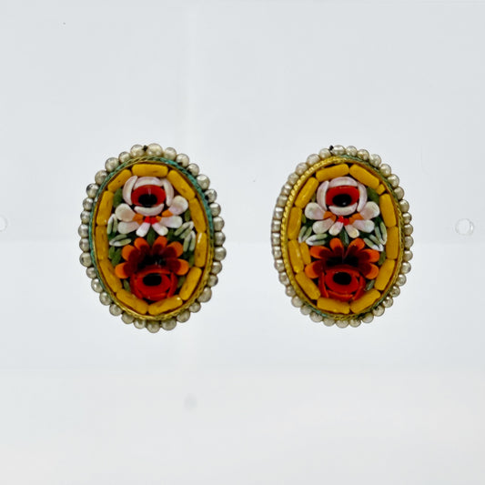 Vintage Italian micro mosaic & pearl brass clip on earrings