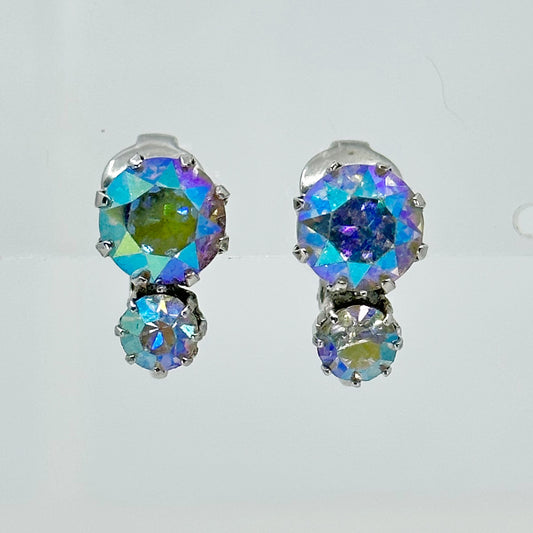 Vintage Weis Aurora Borealis crystal silver tone clip on earrings