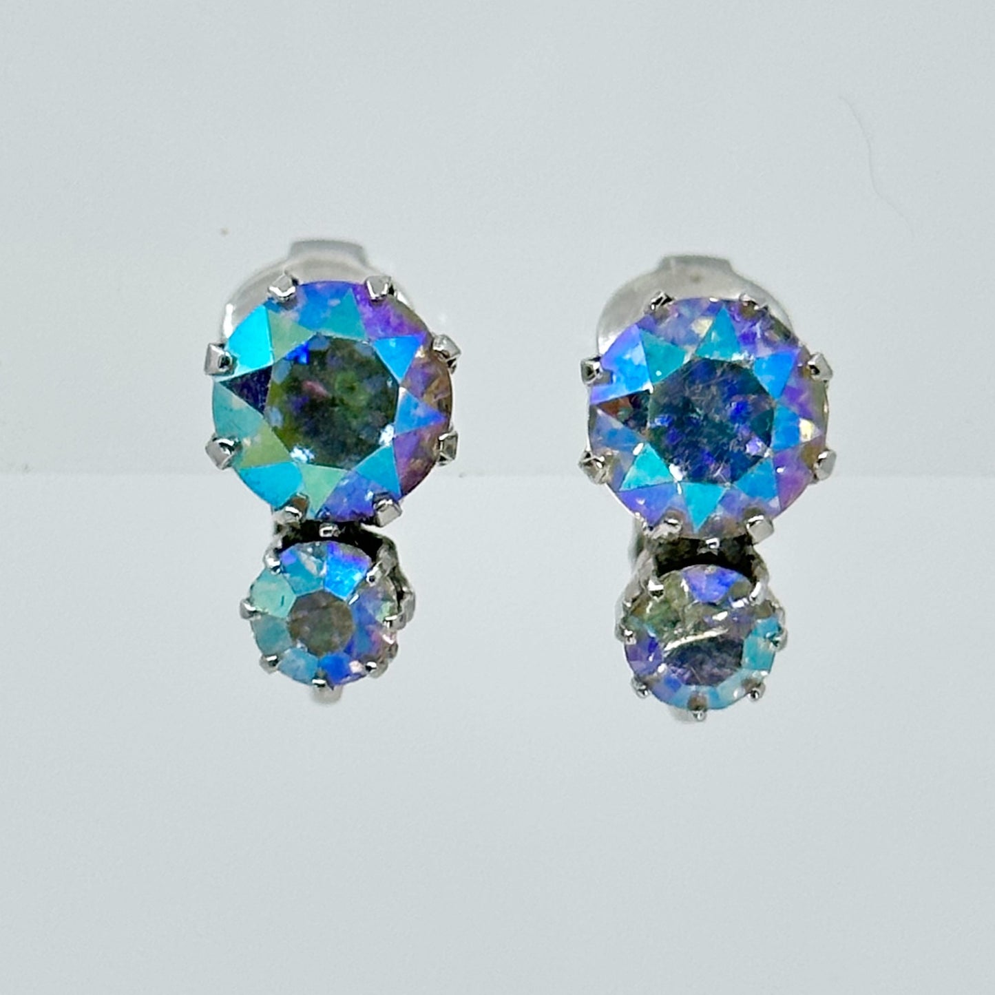 Vintage Weis Aurora Borealis crystal silver tone clip on earrings