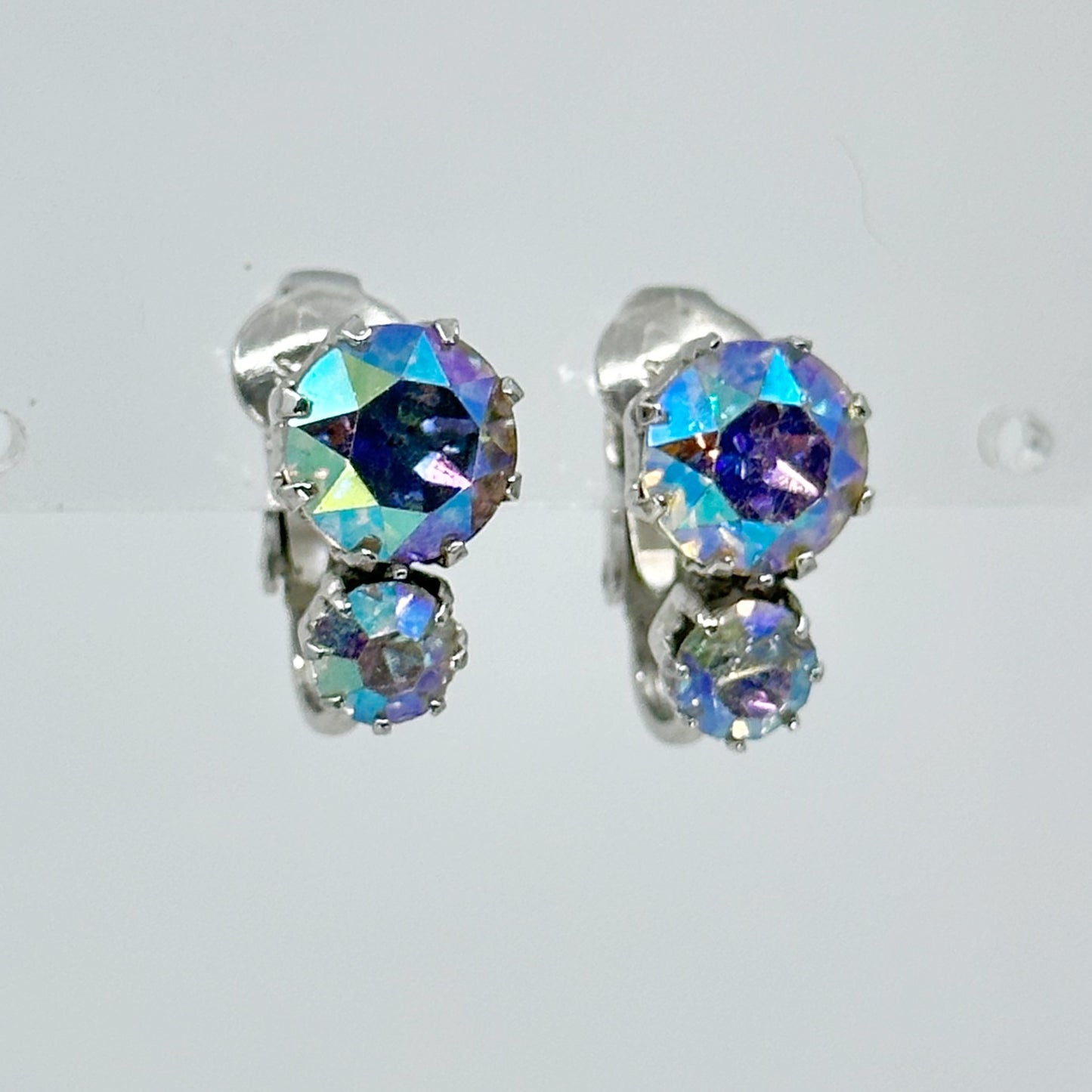 Vintage Weis Aurora Borealis crystal silver tone clip on earrings