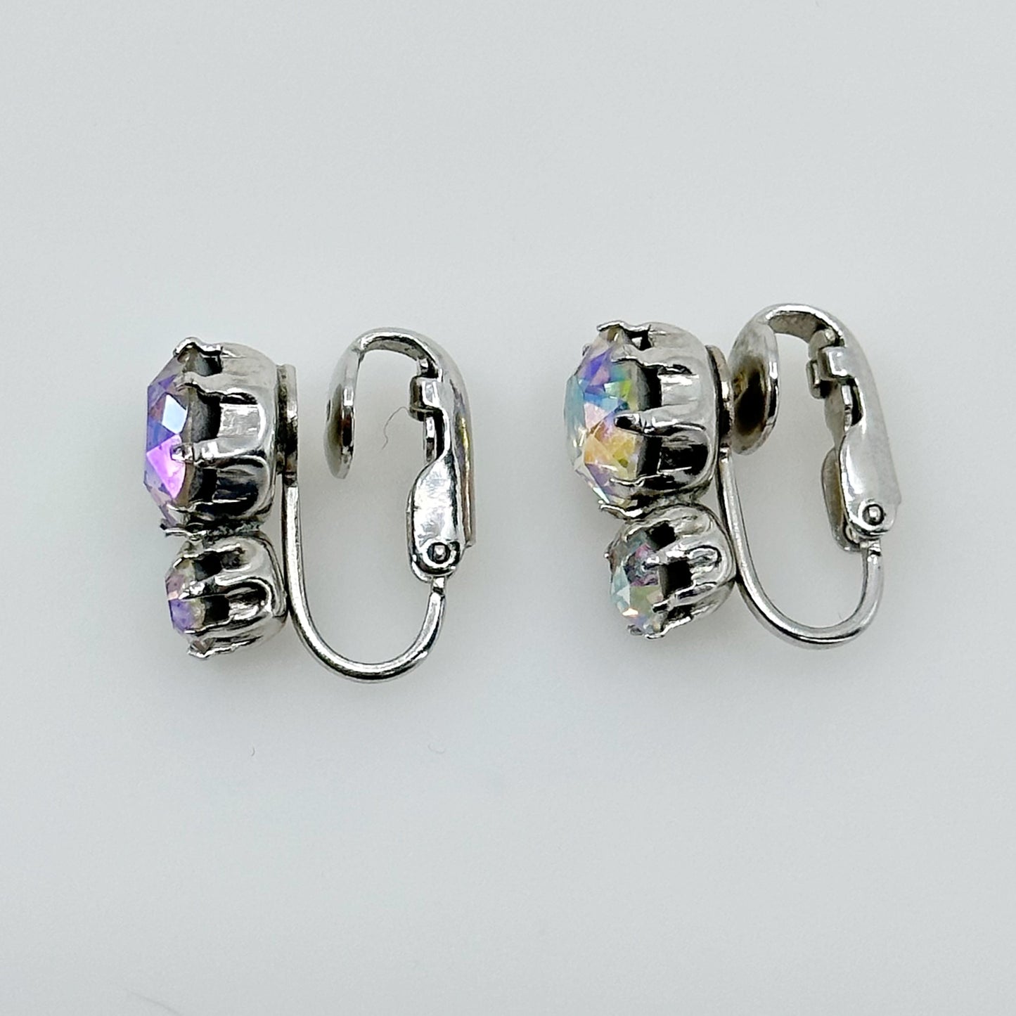 Vintage Weis Aurora Borealis crystal silver tone clip on earrings