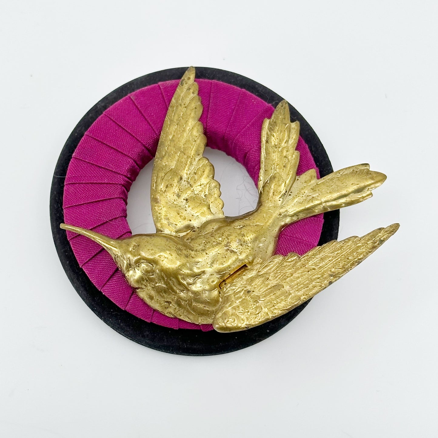 Vintage oversized hummingbird brass & textile brooch