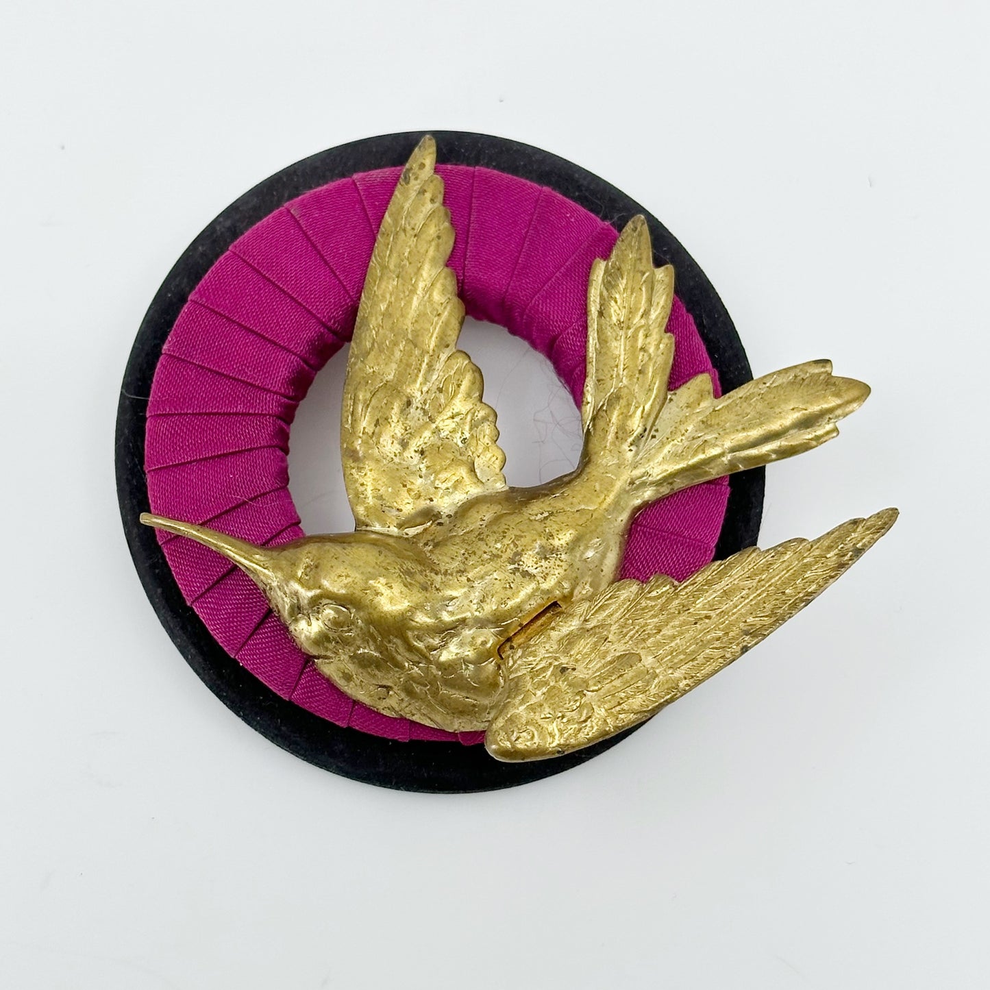 Vintage oversized hummingbird brass & textile brooch