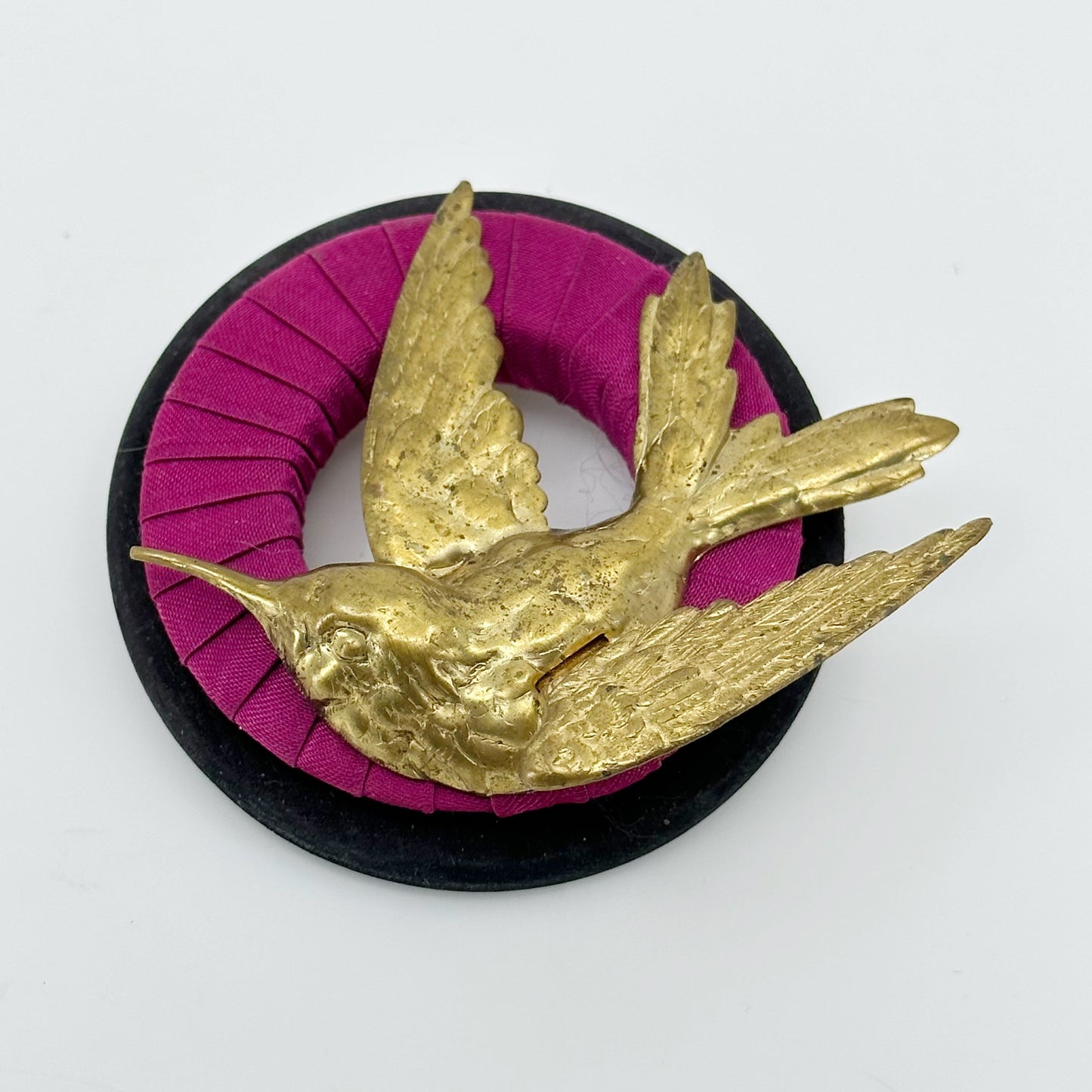 Vintage oversized hummingbird brass & textile brooch