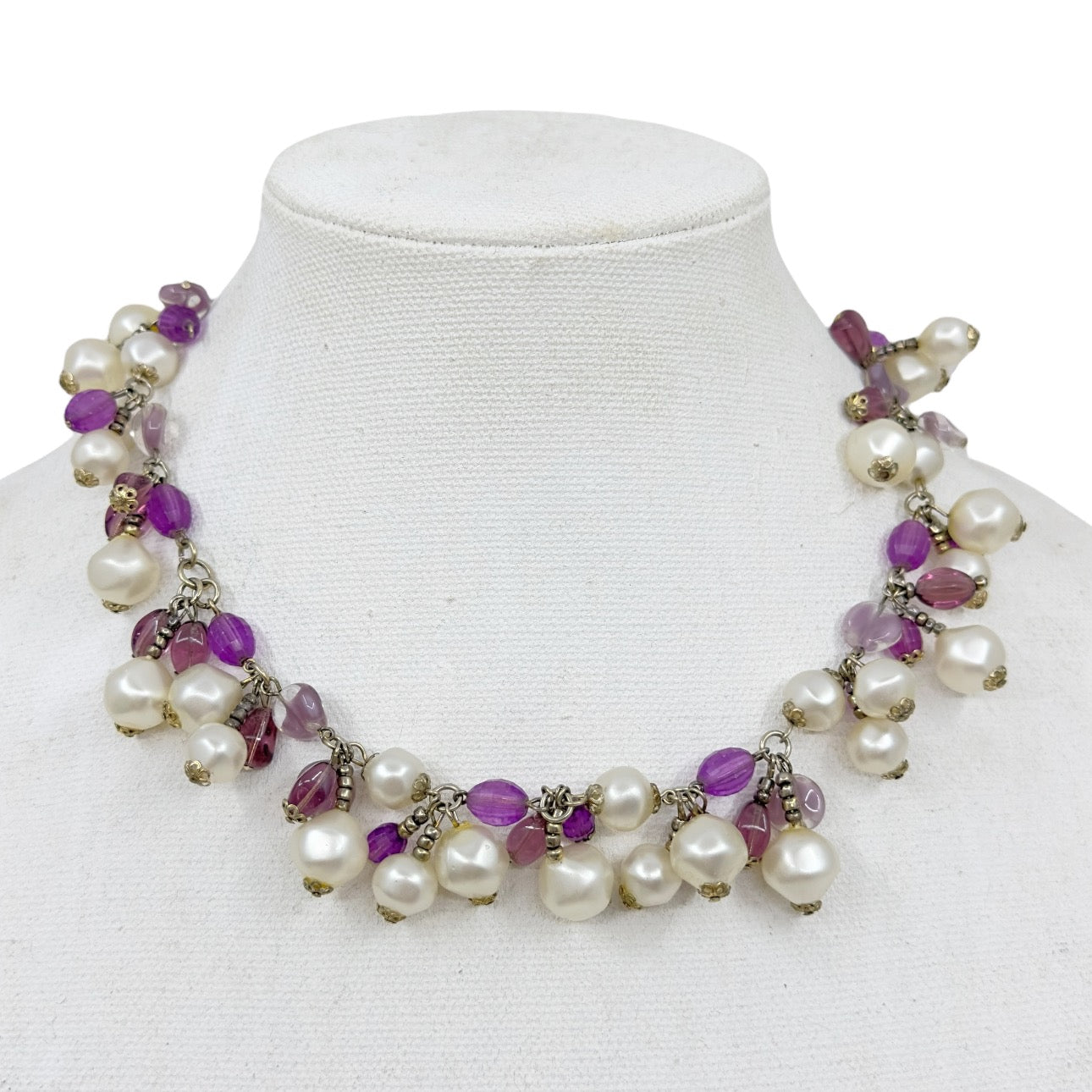 Silver pearl & amethyst bead necklace