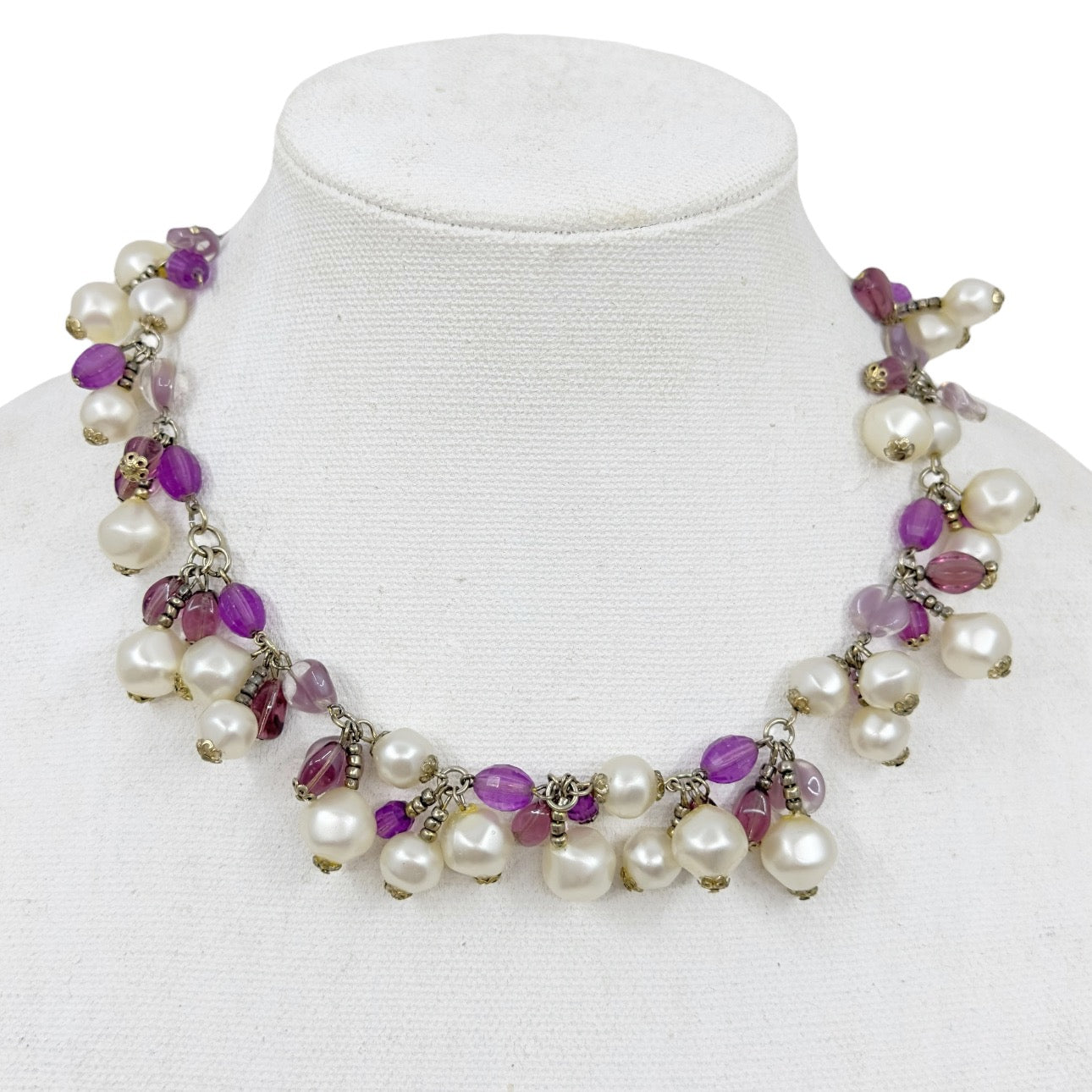 Silver pearl & amethyst bead necklace