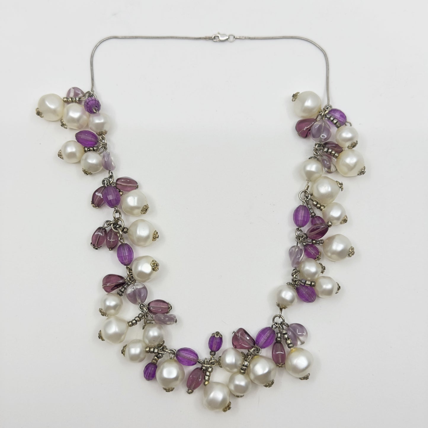 Silver pearl & amethyst bead necklace