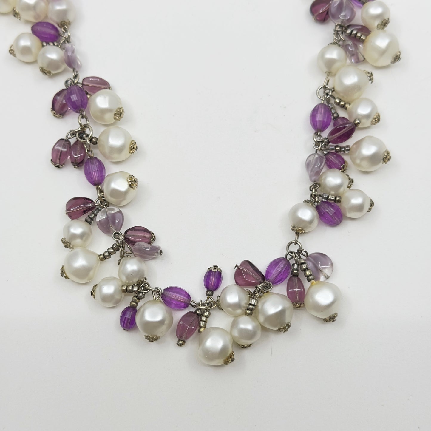 Silver pearl & amethyst bead necklace