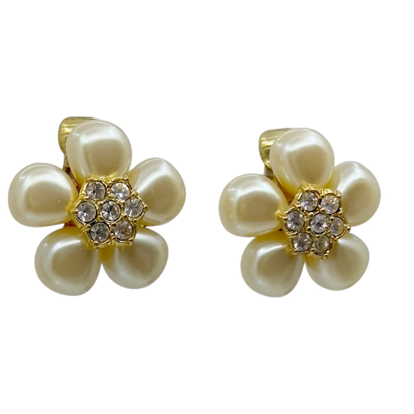 Avon Gold tone pearl & rhinestone clip on earrings