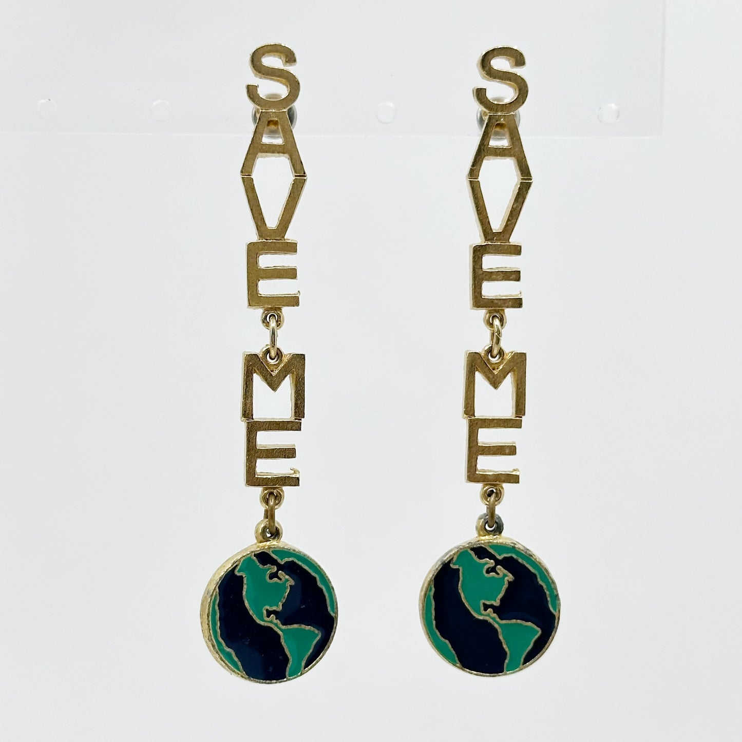 Vintage Gold Tone Save Me earth drop earrings