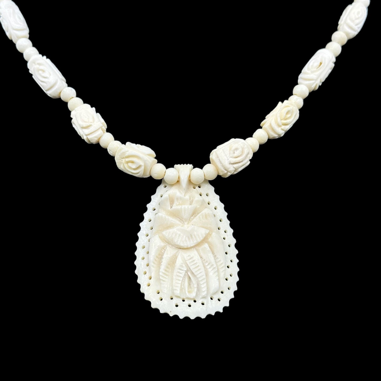 Vintage carved bone rose bead necklace