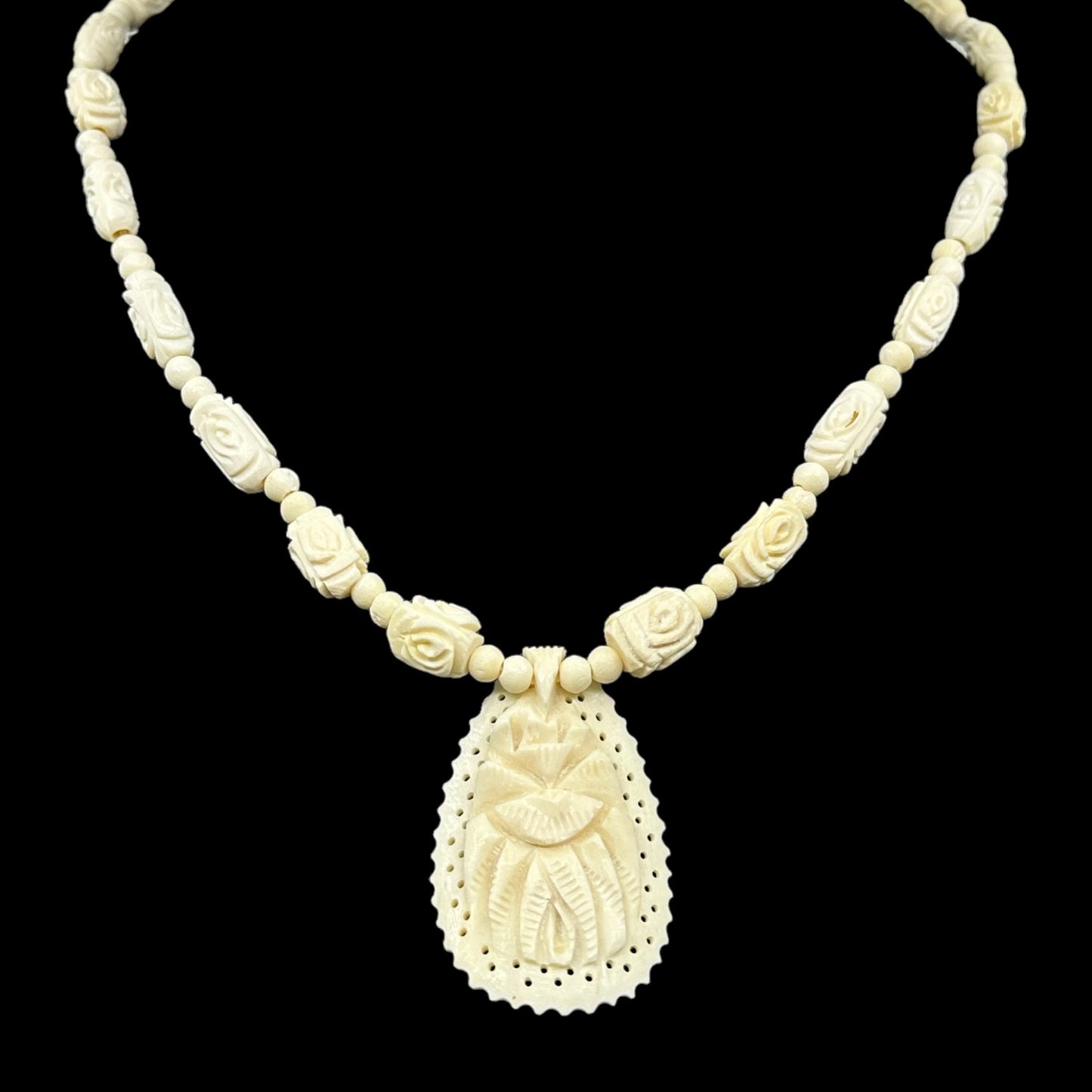 Vintage carved bone rose bead necklace