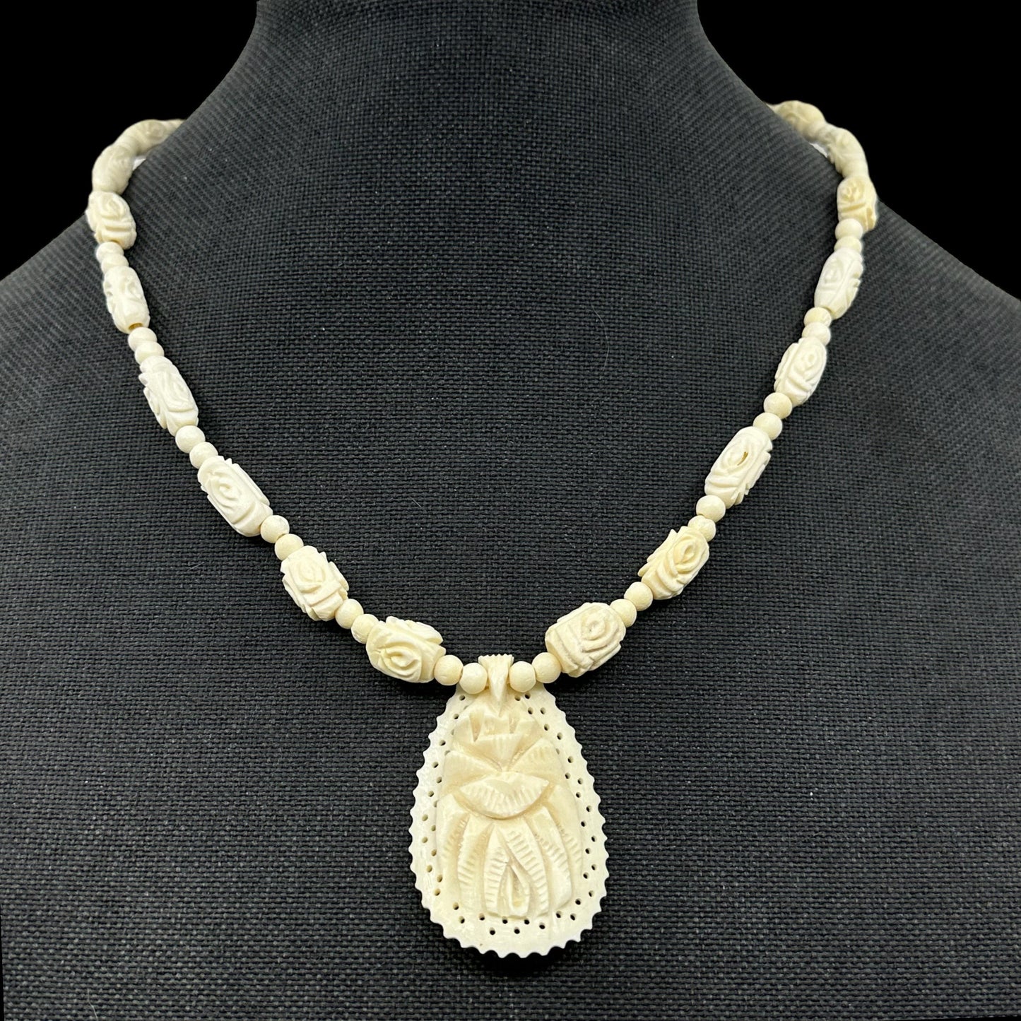 Vintage carved bone rose bead necklace