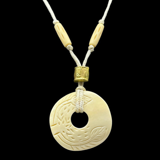 Vintage carved bone bead pendant cord necklace