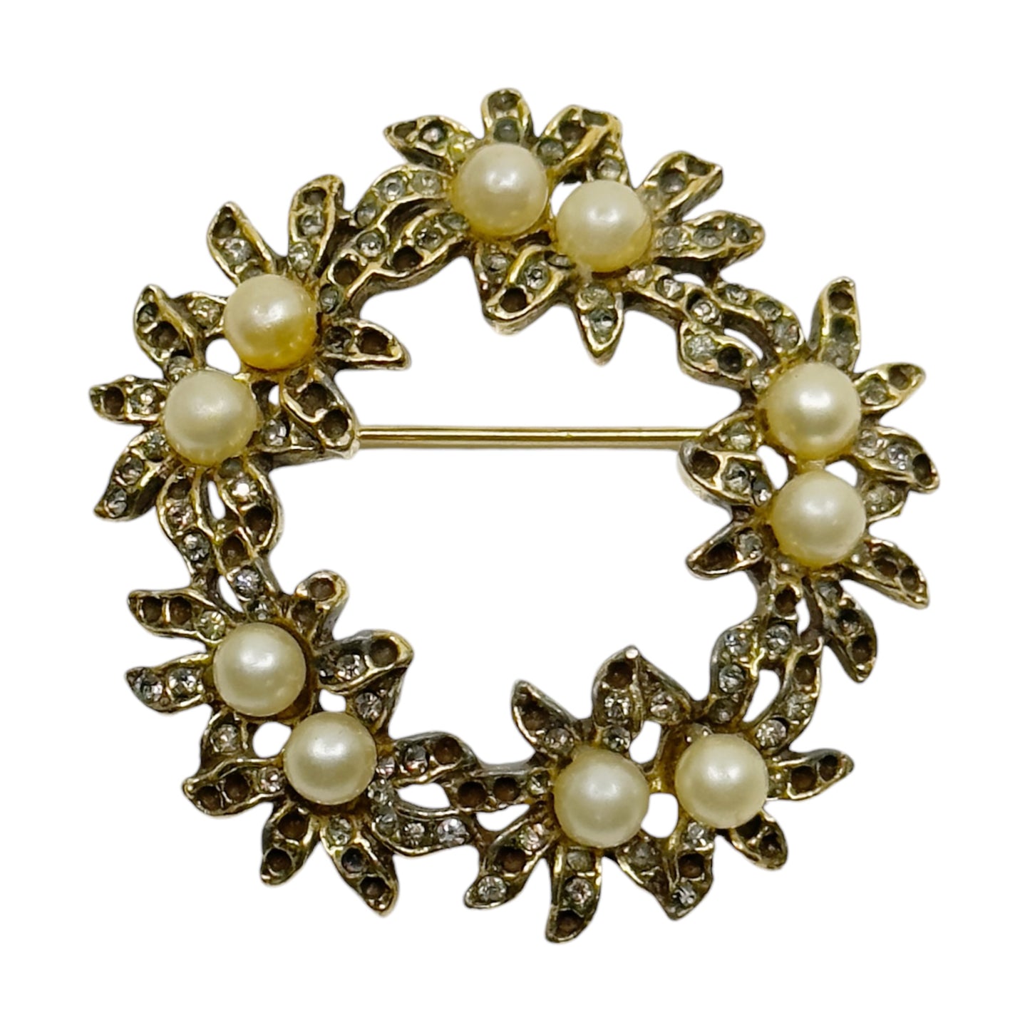 Vintage Gold Tone pearl & rhinestone floral brooch