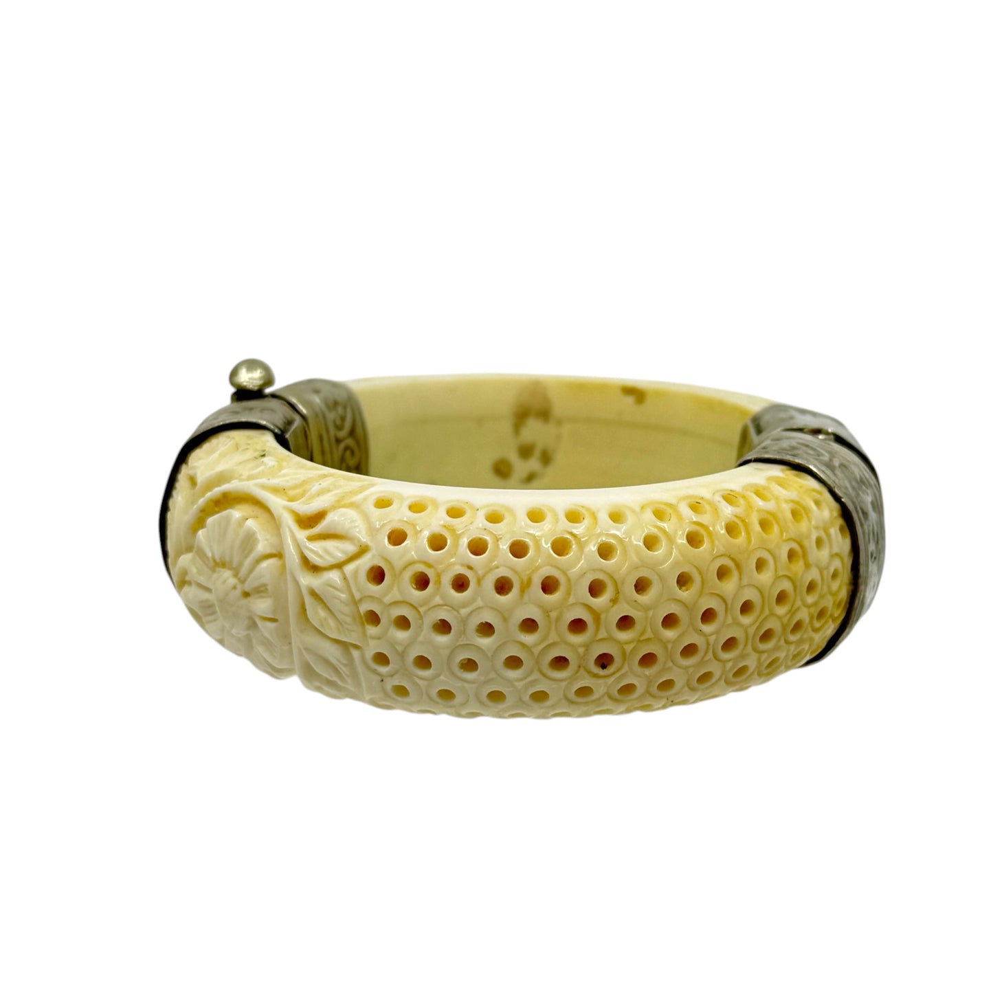 Vintage carved bone silver tone hinged bangle bracelet - GM189