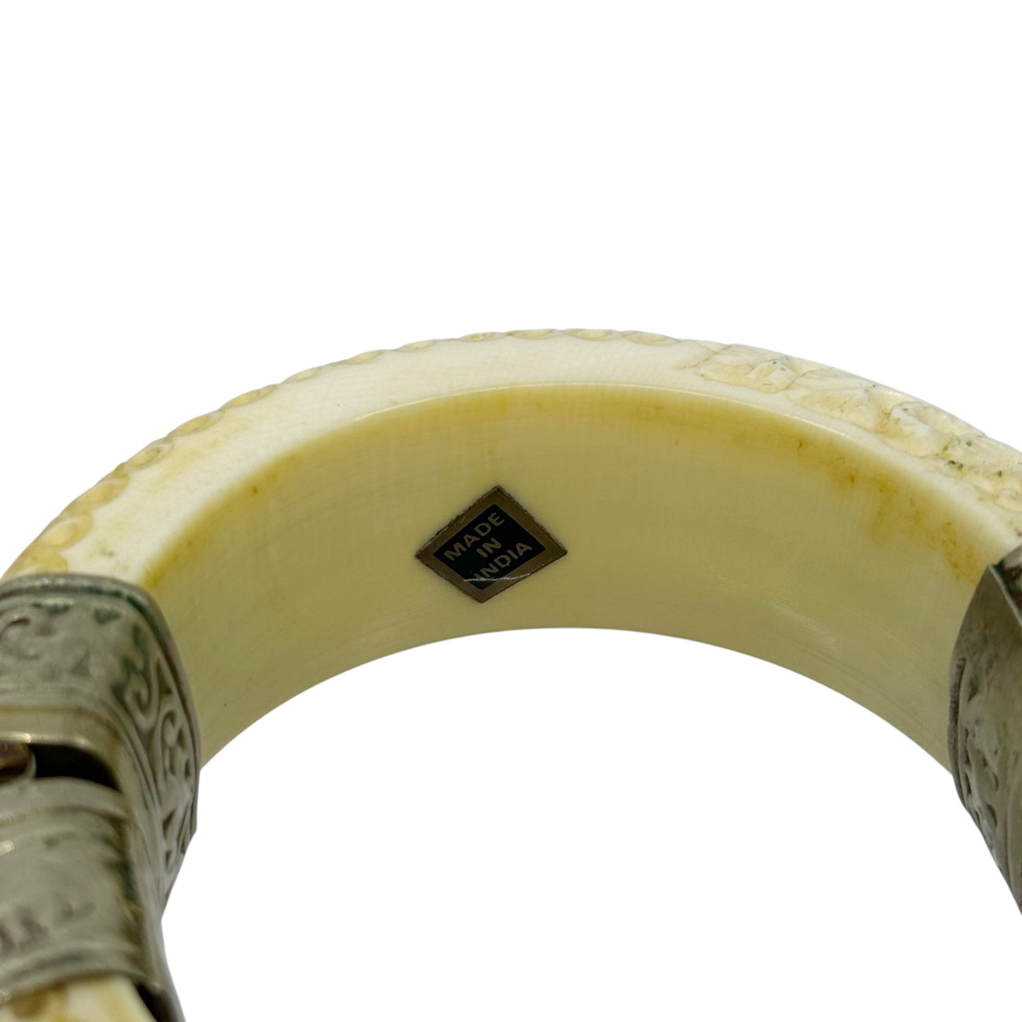 Vintage carved bone silver tone hinged bangle bracelet - GM189