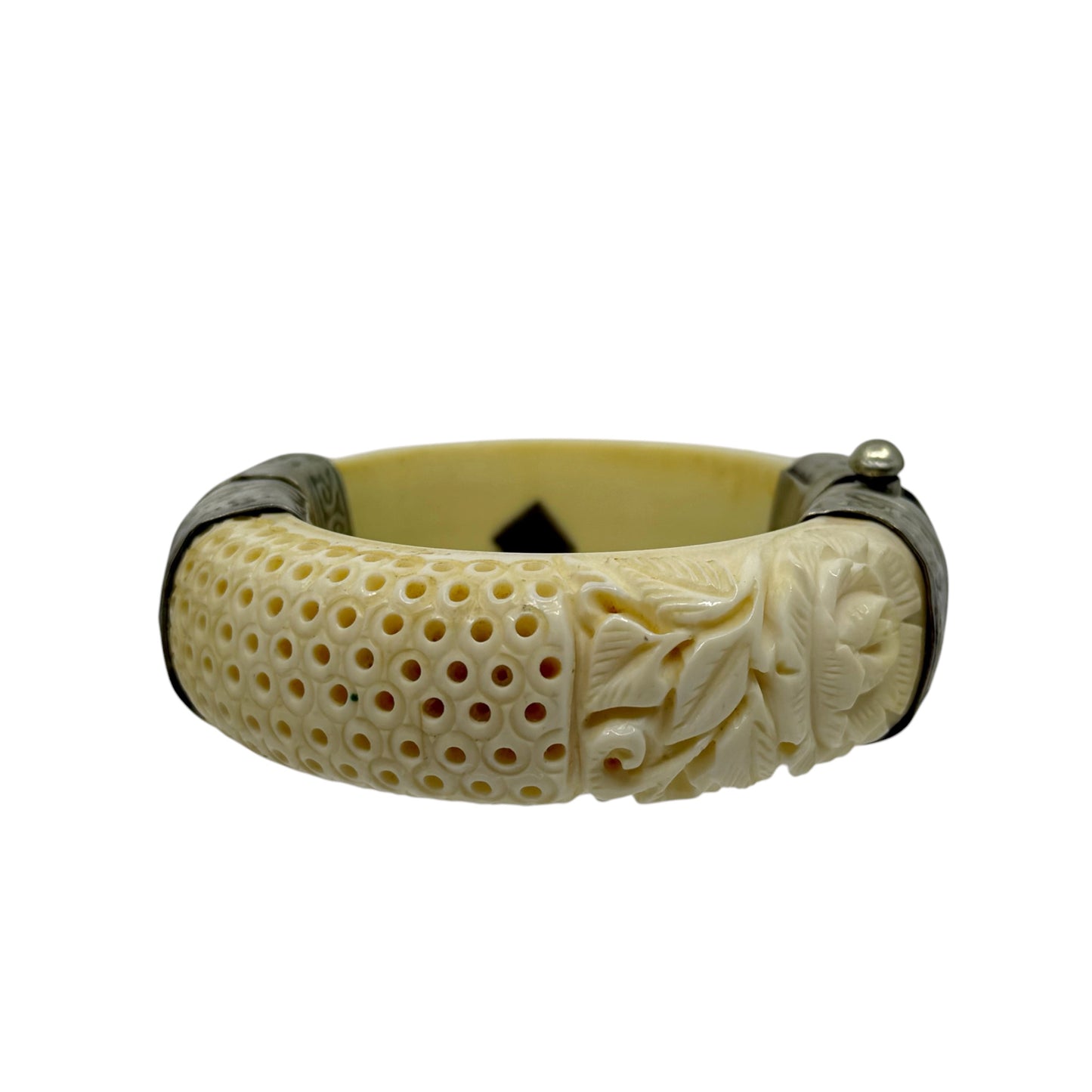 Vintage carved bone silver tone hinged bangle bracelet - GM189