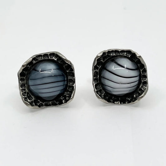 Vintage glass cabochon dark silver tone cufflinks