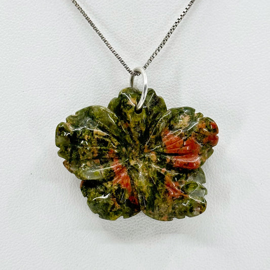 Sterling silver carved unakite flower pendant