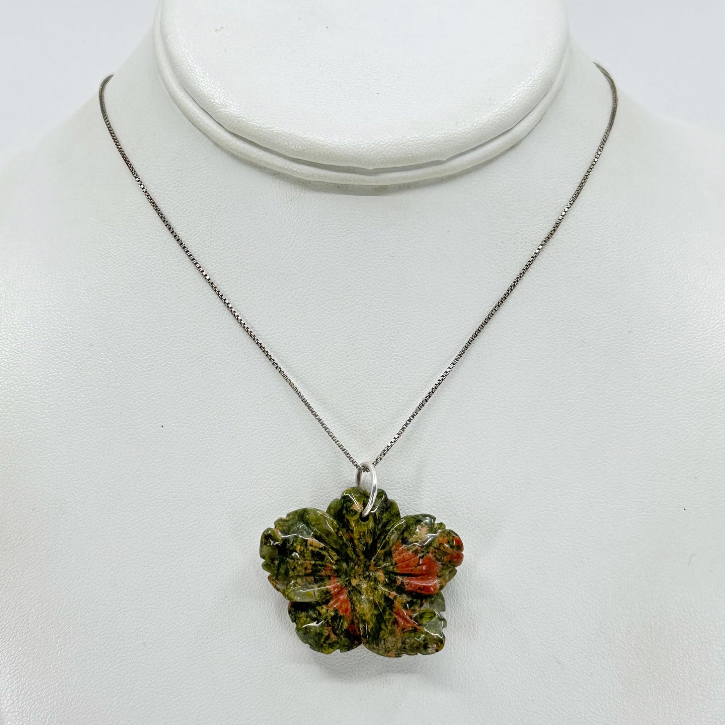 Sterling silver carved unakite flower pendant