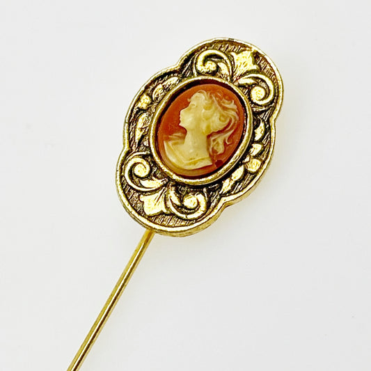 Vintage Gold tone cameo stick hat pin Brooch