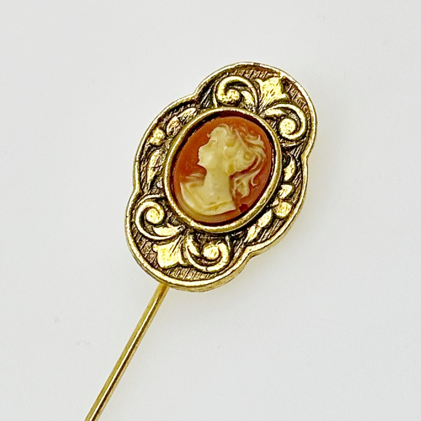 Vintage Gold tone cameo stick hat pin Brooch