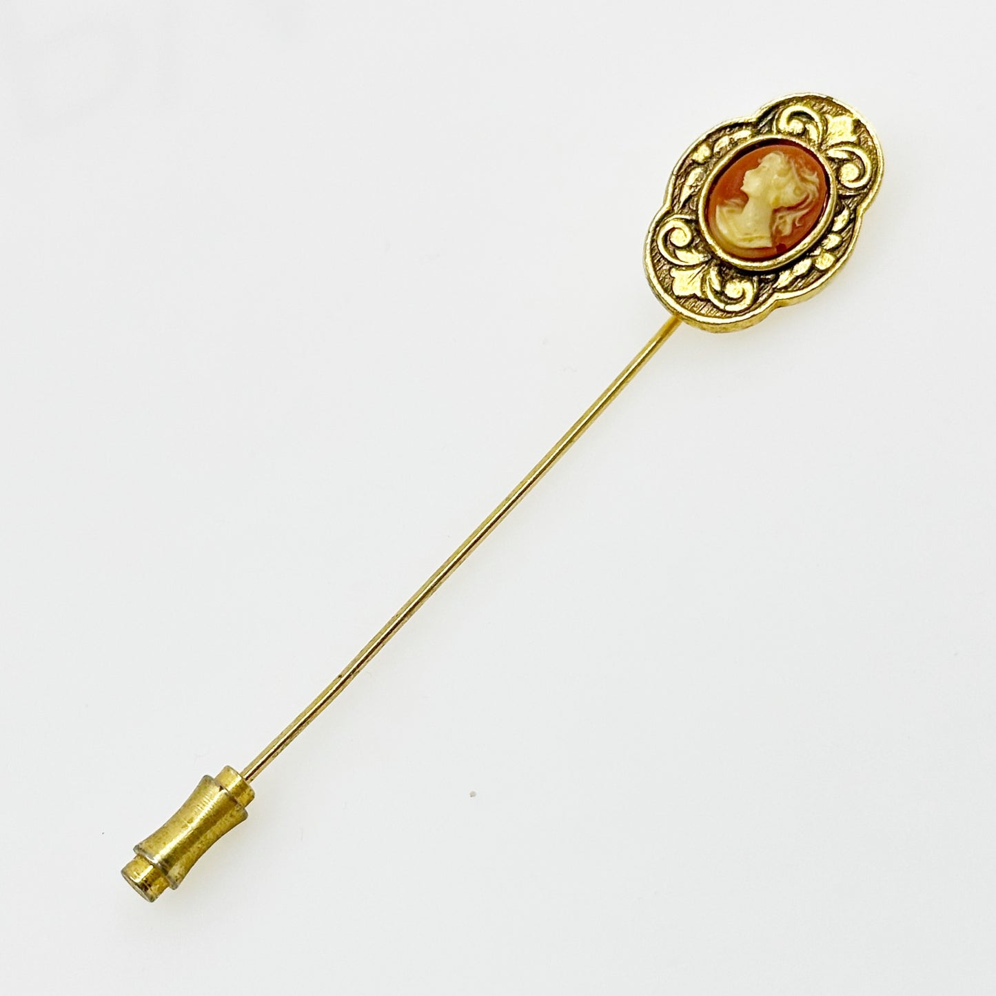 Vintage Gold tone cameo stick hat pin Brooch