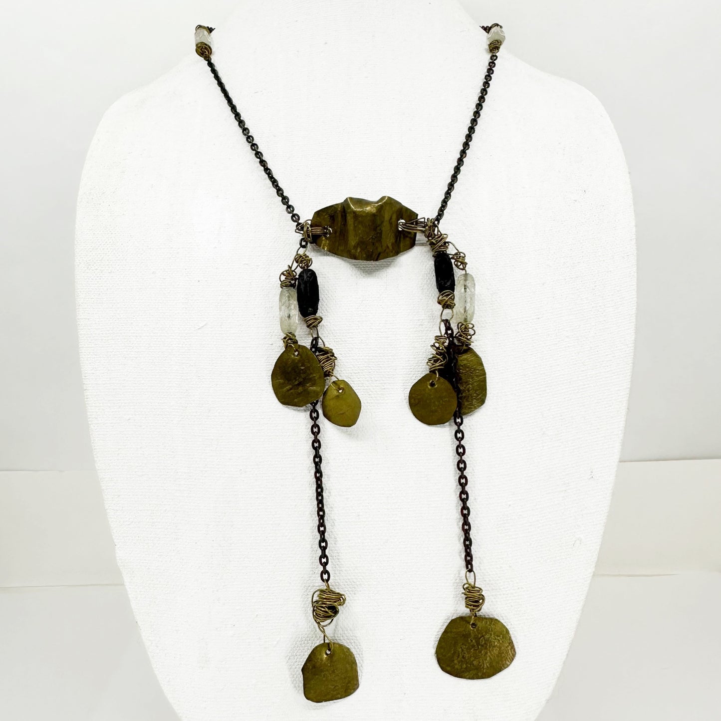 Mid Century brass & carved glass beads necklace